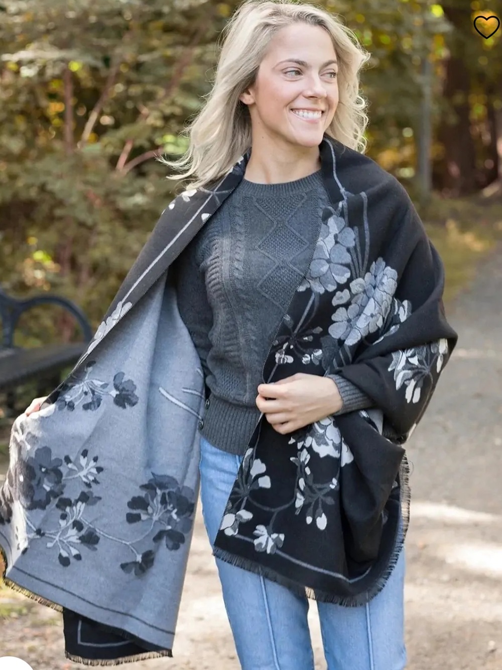 SAACHI Black and Gray Reversible Floral Wrap Scarf